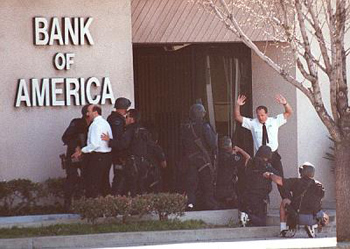 Employees emerge from the Bank of America after the Feb. 28, 1997 North Hollywood shootout. (Gene Blevins/Los Angeles Daily News)