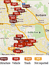 A map shows the locations of fires possibly linked to the recent arson spree. Credit: Los Angeles Times