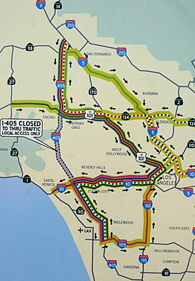 A map displayed during a press conference detailing "Carmageddon II" on Aug. 2, 2012 in Los Angeles shows which portion of the San Diego (405) Freeway will be closed Sept. 29-30, 2012, plus alternate routes that can be used during the 53-hour closure on the I-405 between the I-10 and U.S. 101 for Mulholland Bridge demolition. (Andy Holzman/Daily News Staff Photographer)