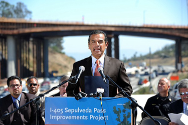 Mayor Antonio Villaraigosa speaks during a press conference detailing "Carmageddon II" on Aug. 2, 2012 in Los Angeles. The second I-405 closure is scheduled for the weekend of Sept. 29-30, 2012. Officials are once again asking for the public's cooperation to plan ahead to avoid major congestion impacts during the 53-hour closure on the I-405 between the I-10 and U.S. 101 for Mulholland Bridge demolition. (Andy Holzman/Daily News Staff Photographer)