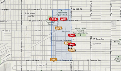 Map: Shows approximate location of the attack in black and recent crime reports in brown and red. Credit: Crime L.A.