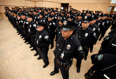 LAPD officers fill the Cathedral of Our Lady of the Angels for fellow officer Chris Cortijo's funeral. (Al Seib / Los Angeles Times /April 22, 2014)