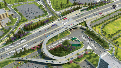 A view of the reconstructed ramps - Traffic planners say new separated ramps will eliminate dangerous freeway merging zones and help alleviate traffic backups on Wilshire Boulevard.