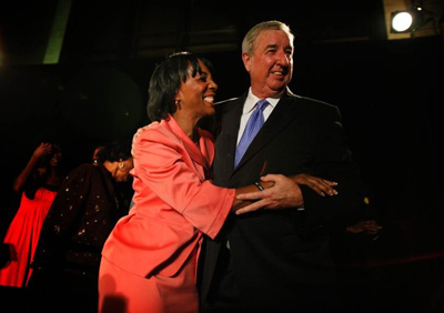 Jackie Lacey gets a congratulatory hug from outgoing Dist. Atty. Steve Cooley at her campaign party at Union Station in Los Angeles on Tuesday. Source: Barbara Davidson / Los Angeles Times