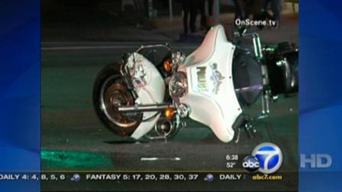 A Los Angeles police officer on a motorcycle was struck in a hit-and-run crash in North Hollywood on Sunday, April 10, 2011. (KABC Photo)