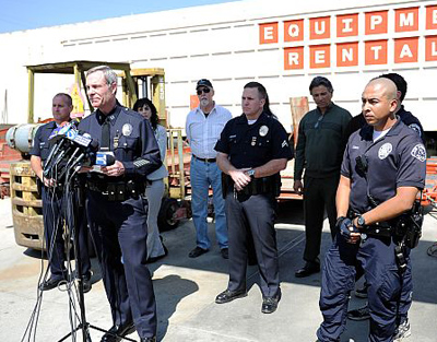 LAPD Capt. Joseph Hiltner, speaks during a press conference at Sun Valley Equipment Rentals on Wednesday, March 14, 2012 about plans to eradicate prostitution along the Lankershim Boulevard corridor. (Hans Gutknecht/Staff Photographer)