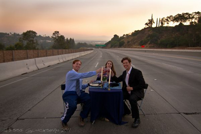 Photo: Matt Corrigan, from left, Amanda Corrigan and Barry Neely on the 405 Freeway during Carmageddon. Credit: Jesse Glucksman