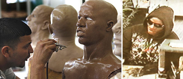 An SPFXMasks employee, left, sprays a layer of paint on a mask called "The Player." That model was used by a white man, right, in a string of robberies in Ohio. An innocent black man was held until the culprit was turned in.