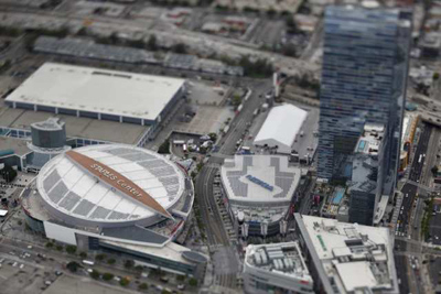 Photo: A view from the Goodyear blimp of Staples Center and the Ritz-Carlton Hotel at L.A. Live. Credit: John W. Adkisson / Los Angeles Times