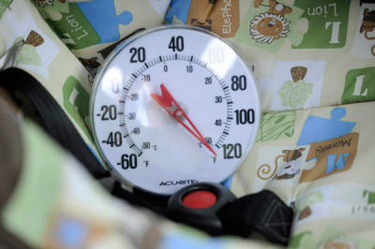 A thermometer in an infant car seat reads more than 120 degrees in the back of a police car Tuesday, July 10, 2012. The LAPD held a demonstration about dangers children and pets face on hot days. (Michael Owen Baker/Staff Photographer)